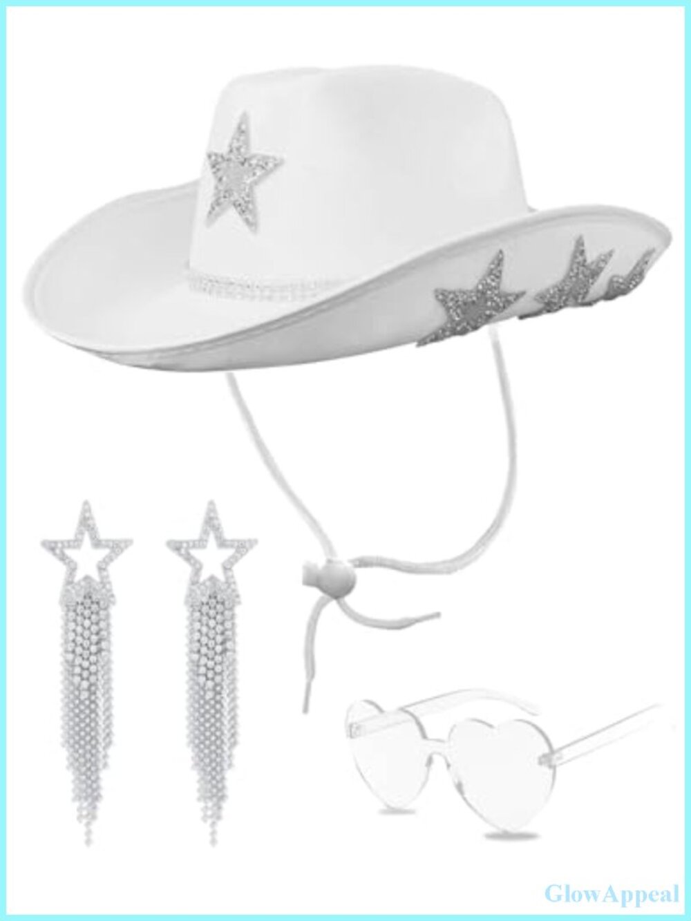 White Cowgirl Hat with Heart Sunglasses - Cowboy Hat with Glitter Star Fits